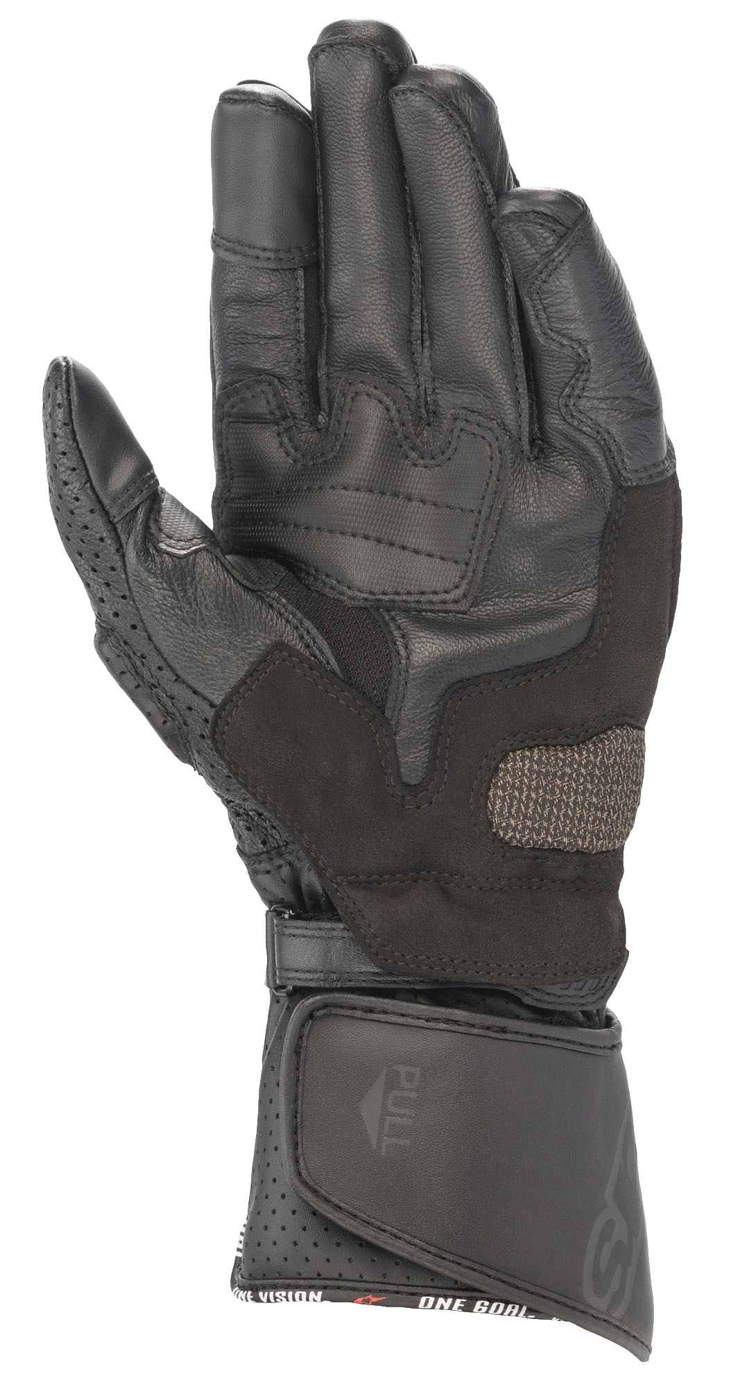 Alpinestars SP-8 V3 lederen handschoenen, Black Black, handpalmaanzicht met versterkte grippads, geperforeerde duim en verstelbare klittenbandsluiting aan de manchet, hoogwaardige motorracebescherming