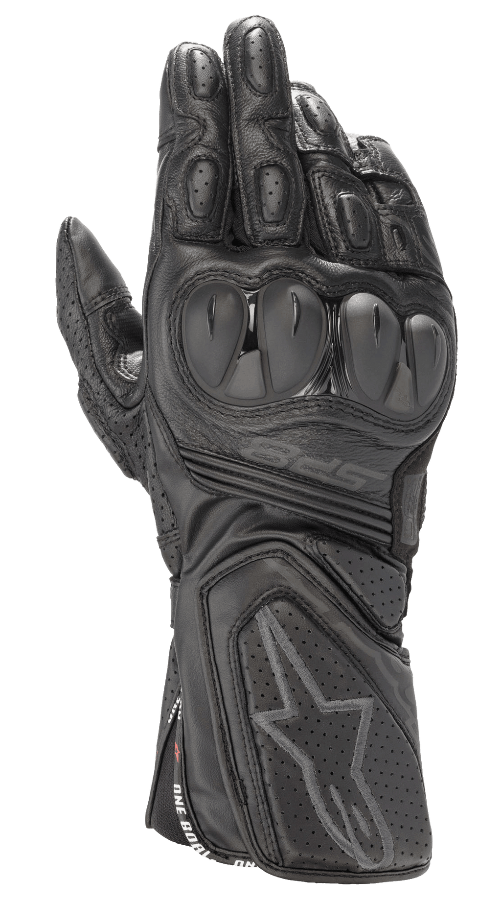 Alpinestars SP-8 V3 handschoenen, zwarte lederen motorracehandschoenen, volledig zwart, voorzien van dual-density knokkelbescherming, geperforeerde lederen panelen en een stevige manchet met een reliëf sterlogo en SP-8 branding.
