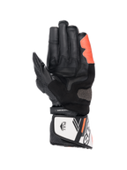 Alpinestars SP-8 V3 motorhandschoenen, zwart, wit en rood fluo, lederen constructie met Arshield-slider, handpalmaanzicht.