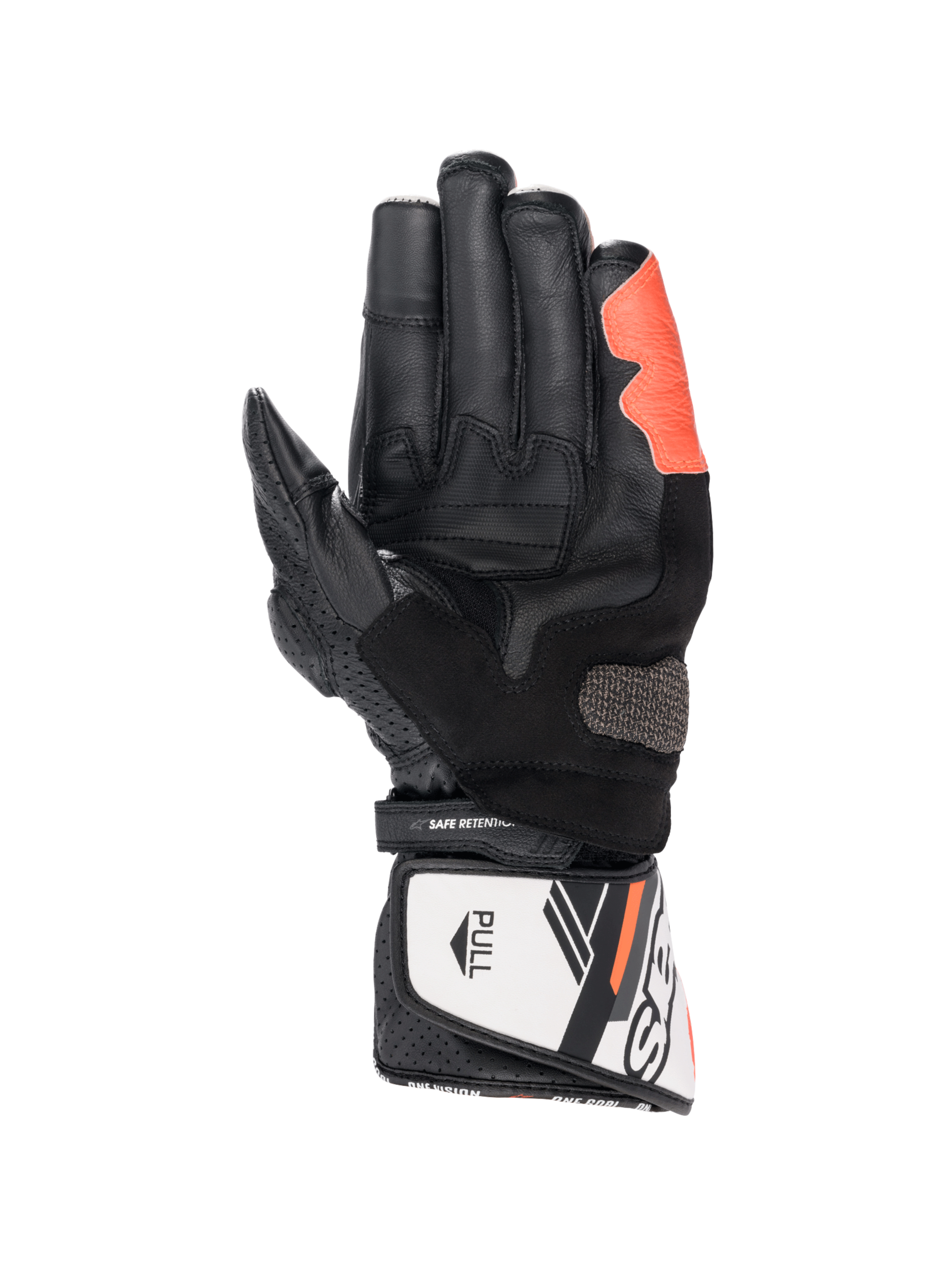 Alpinestars SP-8 V3 motorhandschoenen, zwart, wit en rood fluo, lederen constructie met Arshield-slider, handpalmaanzicht.