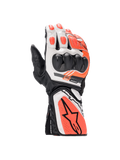 Alpinestars SP-8 V3 motorracinghandschoenen in zwart, wit en rood fluo leer met dubbele dichtheid knokkelbescherming.