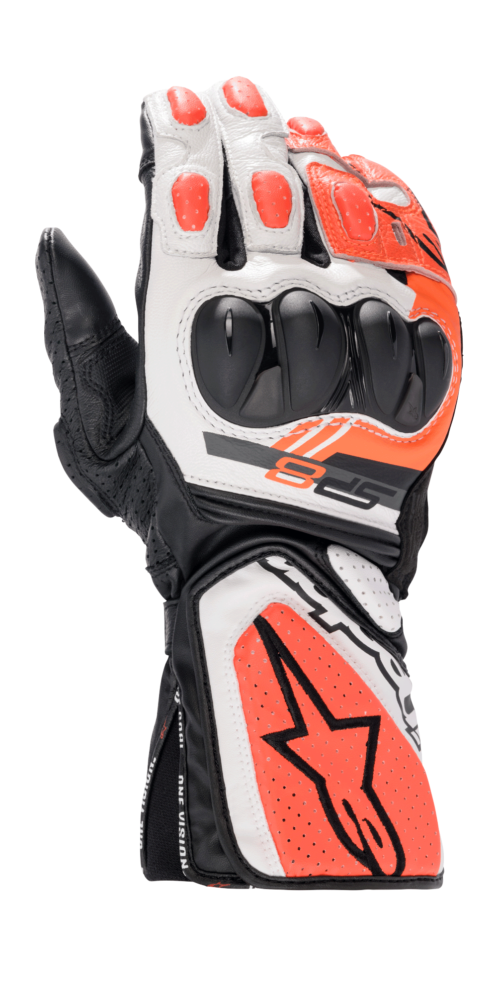 Alpinestars SP-8 V3 Gloves, Motorcycle Racing Gloves, Black White and Red Fluo, featuring hard dual-density knuckle protection, perforated leather panels, long cuff with large Alpinestars star logo, and sleek ergonomic sport design