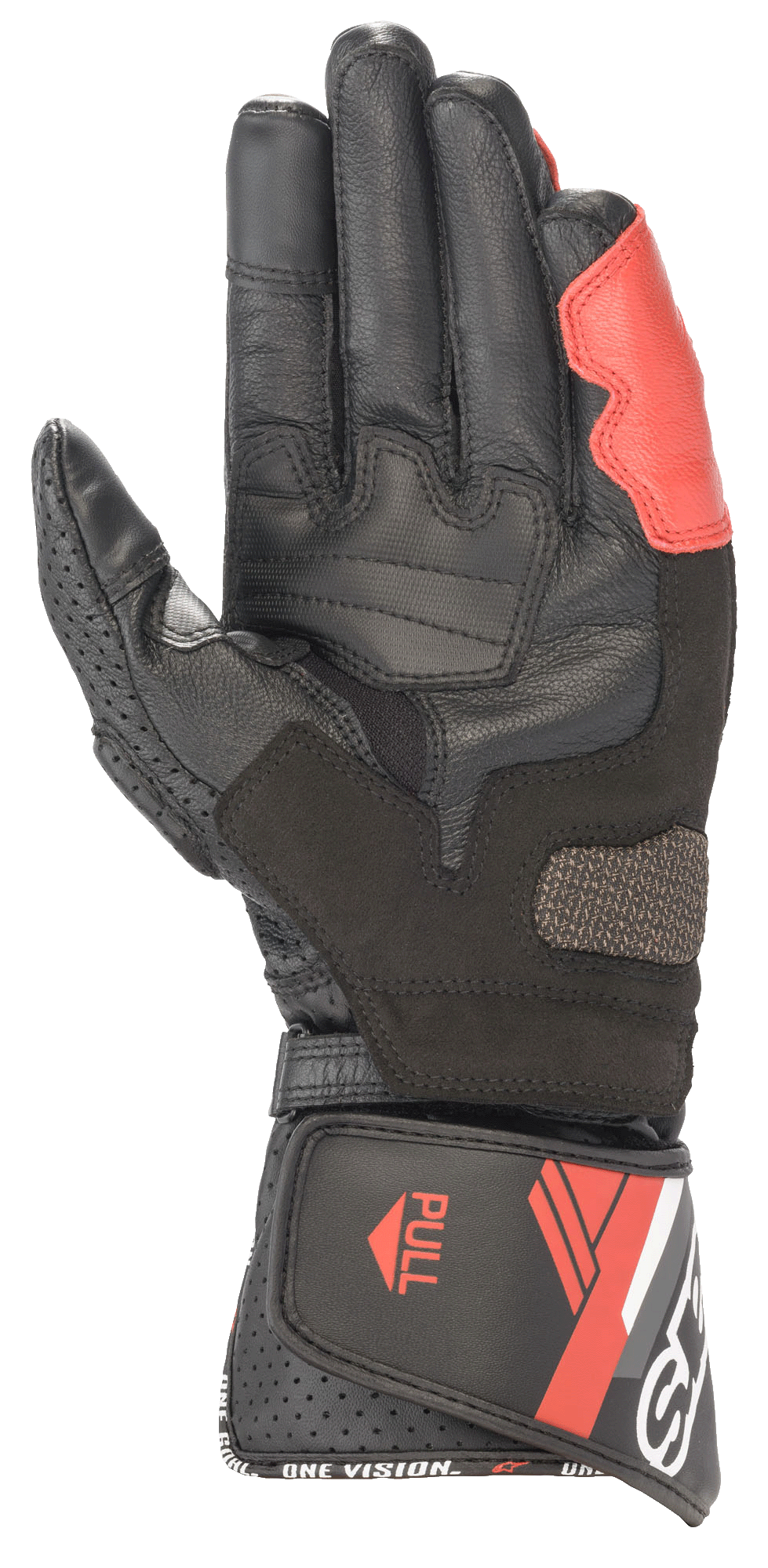 Alpinestars SP-8 V3 Leren Handschoenen, zwart, wit en helderrood, handpalmaanzicht met versterkte leren constructie, gewatteerde grippinzetstukken en een lange manchet met klittenbandsluiting en 'ONE VISION'-branding