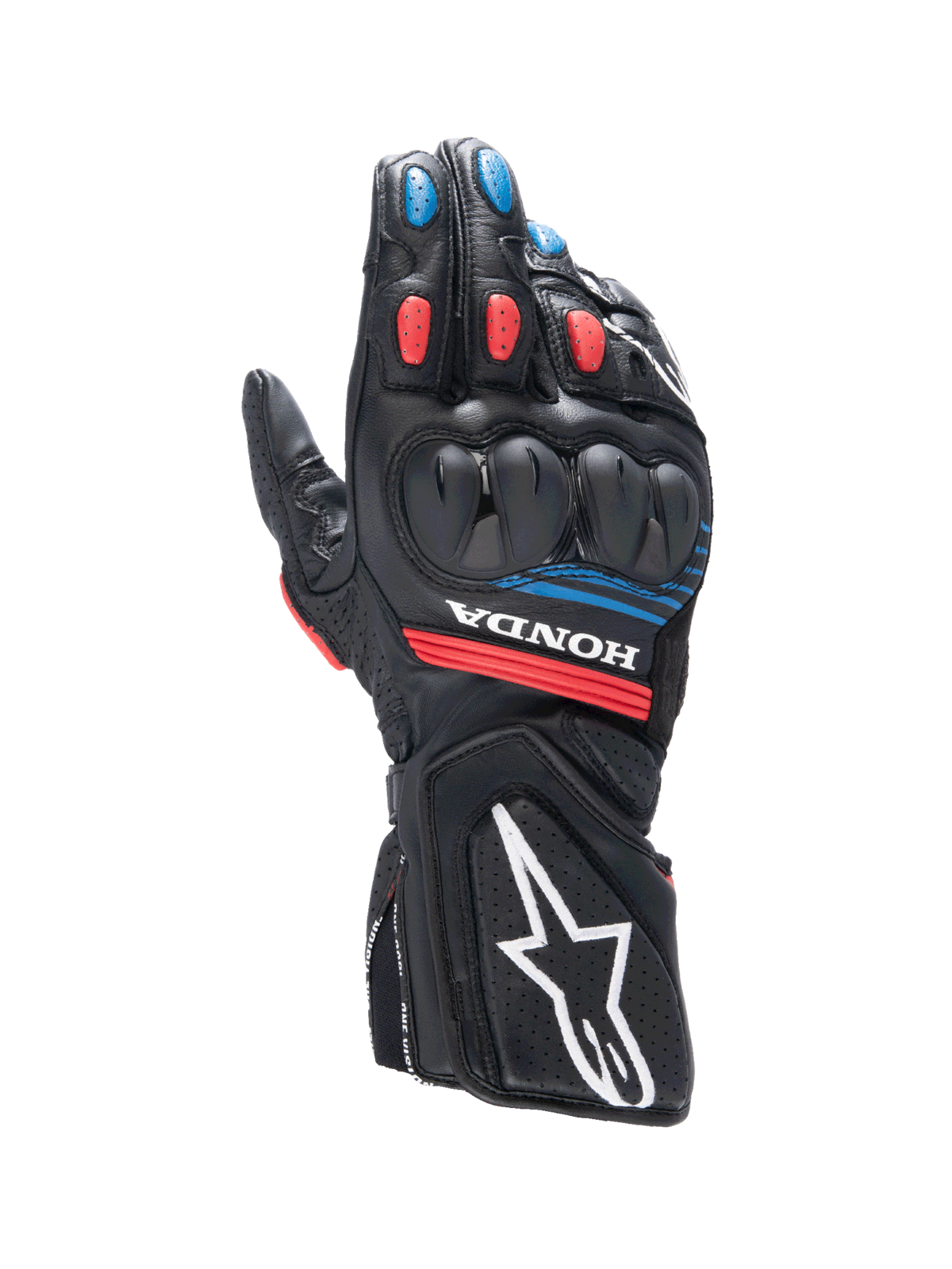 Alpinestars Honda SP-8 V3 handschoenen, herenmotorhandschoenen voor sportief rijden, zwart en rood met blauwe accenten, lederen constructie met knokkelbescherming.