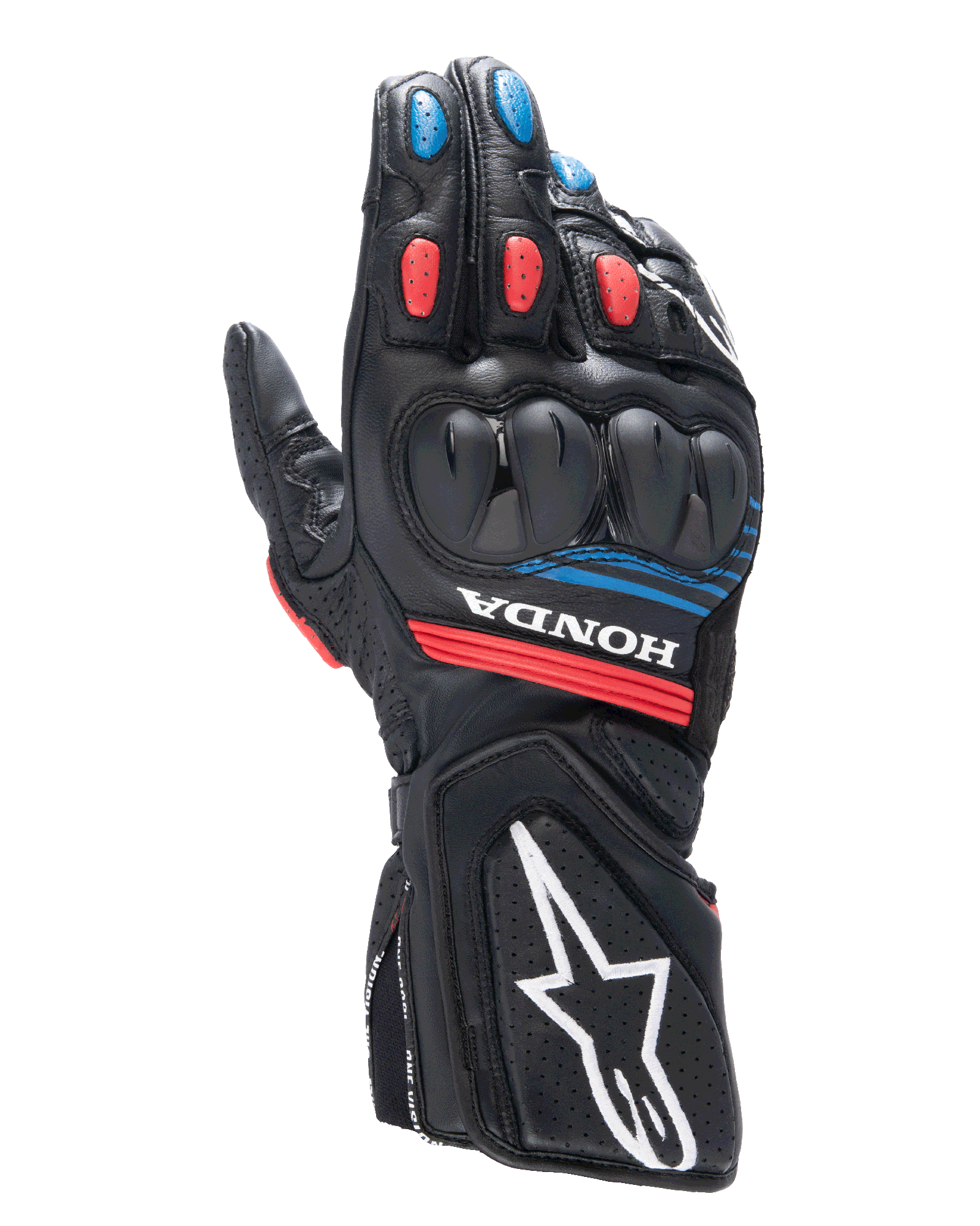 Alpinestars Honda SP-8 V3 motorhandschoenen, racinghandschoenen, zwart met felrode en blauwe accenten, harde dual-density knokkelbescherming, geperforeerde leren constructie, Honda-branding op de pols en een groot wit Alpinestars-logo op de manchet.