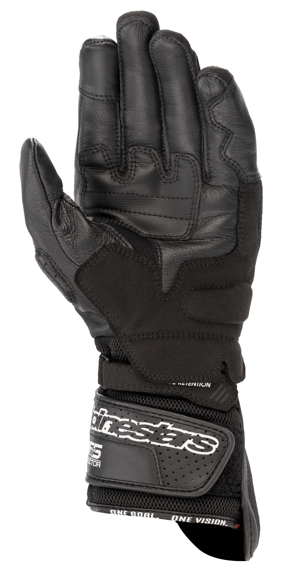 Alpinestars SP-8 V3 Air handschoenen, motorhandschoenen, zwart, handpalmweergave met versterkte lederen constructie, grip-inzetstukken en een brede polsband met witte branding voor een stevige pasvorm.