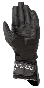 Alpinestars SP-8 V3 Air handschoenen, motorhandschoenen, zwart, handpalmweergave met versterkte lederen constructie, grip-inzetstukken en een brede polsband met witte branding voor een stevige pasvorm.