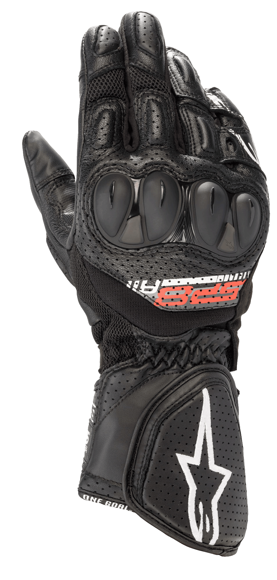Alpinestars SP-8 V3 Air motorhandschoenen, motorracehandschoenen, zwart met rode en witte accenten, voorzien van harde knokkelbeschermers, geperforeerd leer en 3D mesh-panelen voor ventilatie