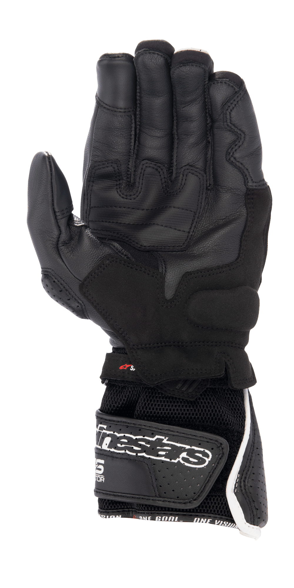 Alpinestars SP-8 V3 Air handschoenen, motorhandschoenen, zwart met witte en rode accenten, handpalmzicht met geperforeerd leer, versterkte gripvlakken en een 3D mesh manchet met een groot Alpinestars-logo op de klittenbandsluiting