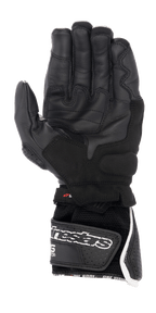 Alpinestars SP-8 V3 Air handschoenen, motorhandschoenen, zwart met witte en rode accenten, handpalmzicht met geperforeerd leer, versterkte gripvlakken en een 3D mesh manchet met een groot Alpinestars-logo op de klittenbandsluiting