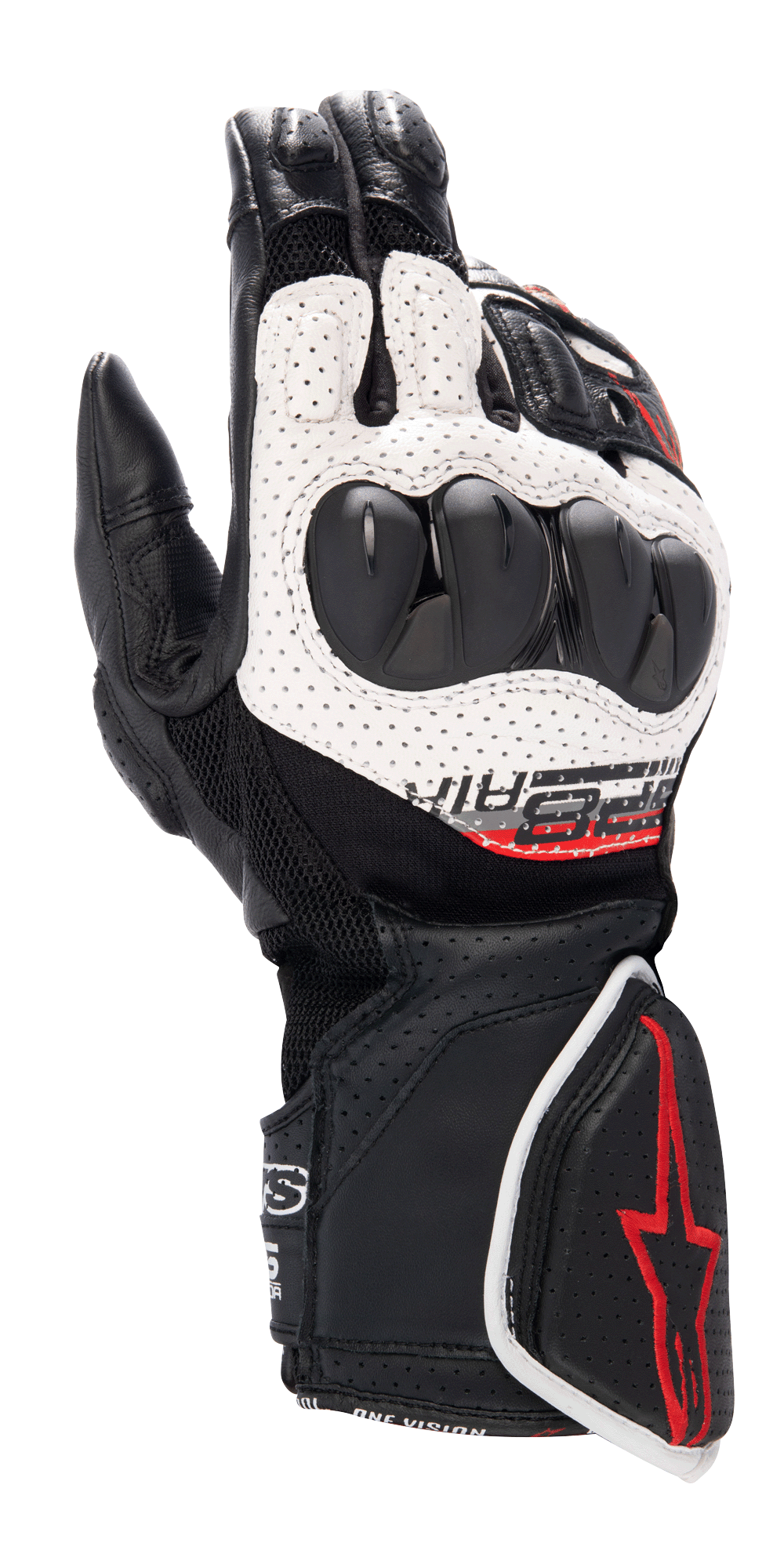 Alpinestars SP-8 V3 Air motorhandschoenen, racehandschoenen voor motorrijders, zwart, wit en felrood, met een geperforeerde leren constructie, dual-density knokkelbescherming, 3D mesh-panelen en rode logo-accenten op de manchet
