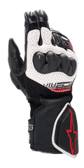 Alpinestars SP-8 V3 Air motorhandschoenen, racehandschoenen voor motorrijders, zwart, wit en felrood, met een geperforeerde leren constructie, dual-density knokkelbescherming, 3D mesh-panelen en rode logo-accenten op de manchet