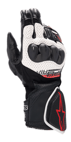 Alpinestars SP-8 V3 Air motorhandschoenen, racehandschoenen voor motorrijders, zwart, wit en felrood, met een geperforeerde leren constructie, dual-density knokkelbescherming, 3D mesh-panelen en rode logo-accenten op de manchet