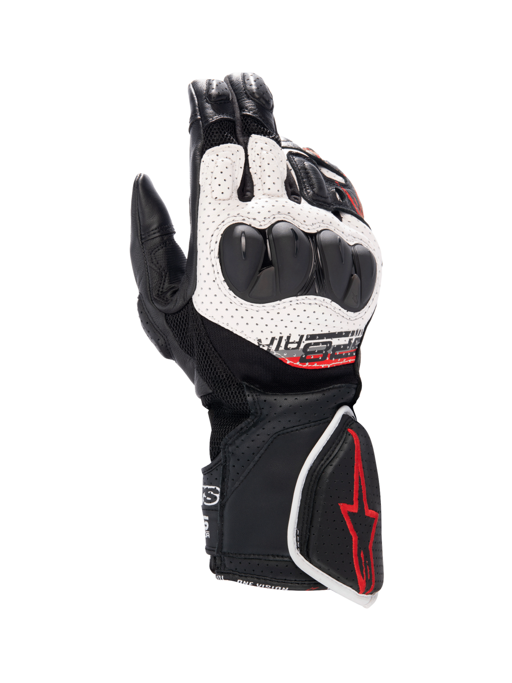 Alpinestars SP-8 V3 Air handschoenen, heren motorracinghandschoenen, zwart en wit met rode accenten en knokkelbescherming.