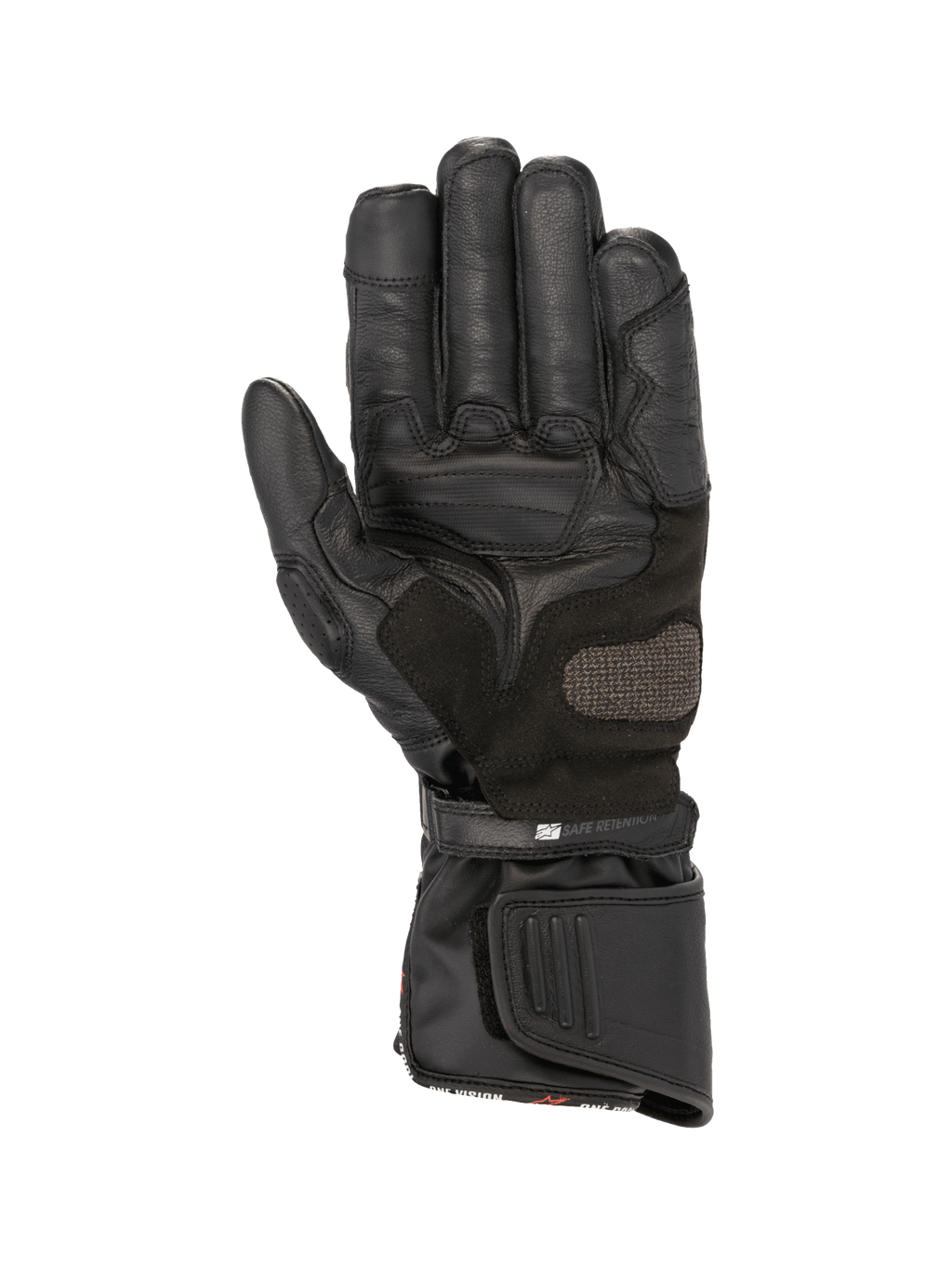 Alpinestars SP-8 HDry handschoenen, zwarte waterdichte lederen motorhandschoenen met versterkte handpalm en dubbele sluiting.