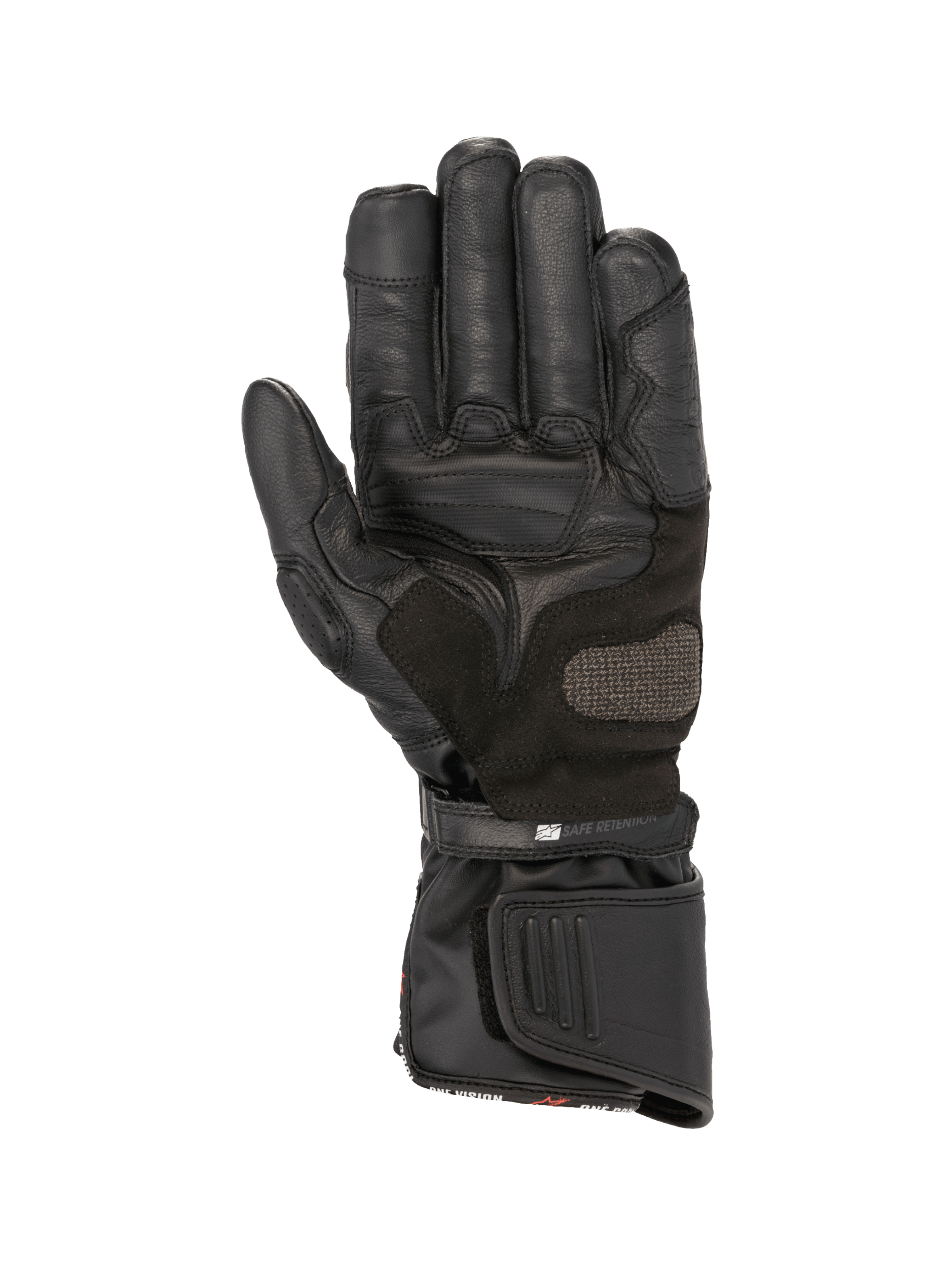 Alpinestars SP-8 HDry handschoenen, zwarte waterdichte lederen motorhandschoenen met versterkte handpalm en dubbele sluiting.