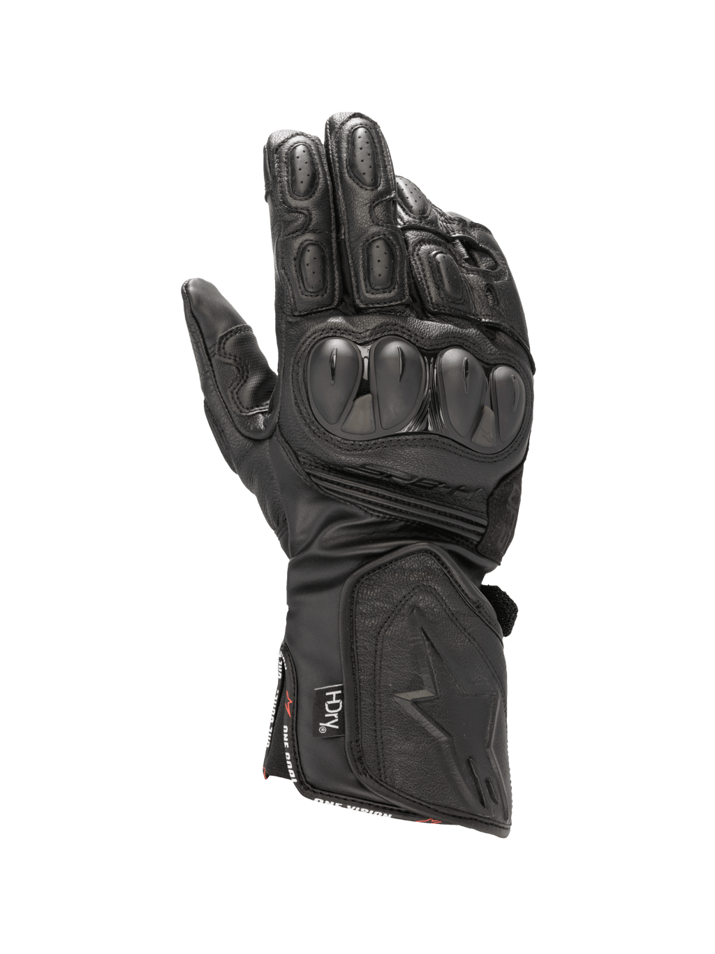 Alpinestars SP-8 HDry handschoenen, zwarte waterdichte lederen motorhandschoenen met knokkelbescherming.
