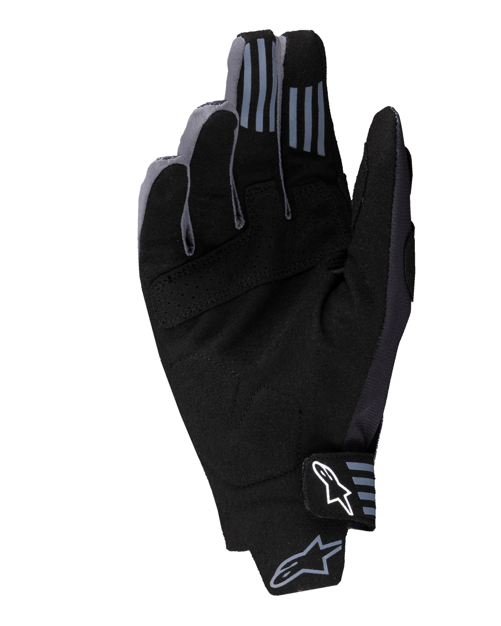 Alpinestars 2025 Techstar handschoenen, motorcross handschoenen, zwart, handpalmzicht met synthetisch suède materiaal en geperforeerde details, siliconen grip op de vingertoppen en wit Alpinestars-logo op de polssluiting.