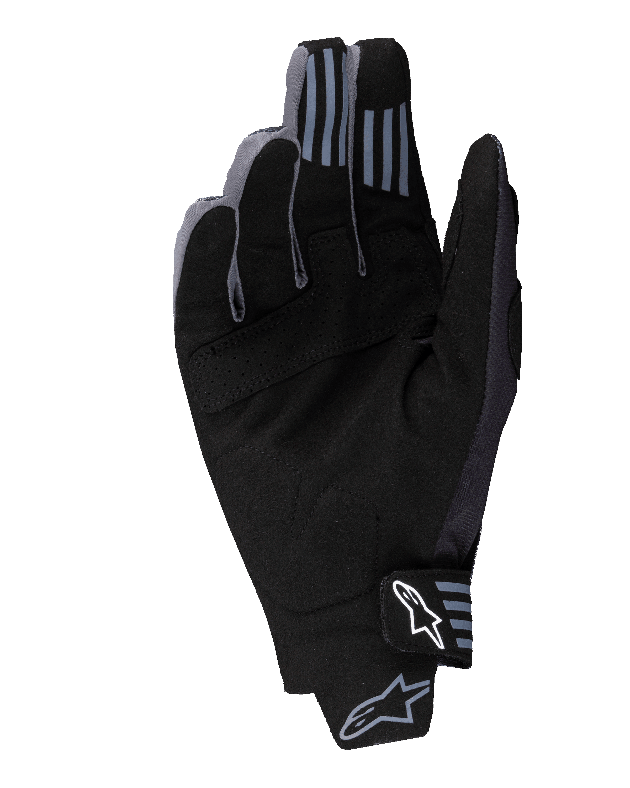 Alpinestars 2025 Techstar handschoenen, motorcross handschoenen, zwart, handpalmzicht met synthetisch suède materiaal en geperforeerde details, siliconen grip op de vingertoppen en wit Alpinestars-logo op de polssluiting.