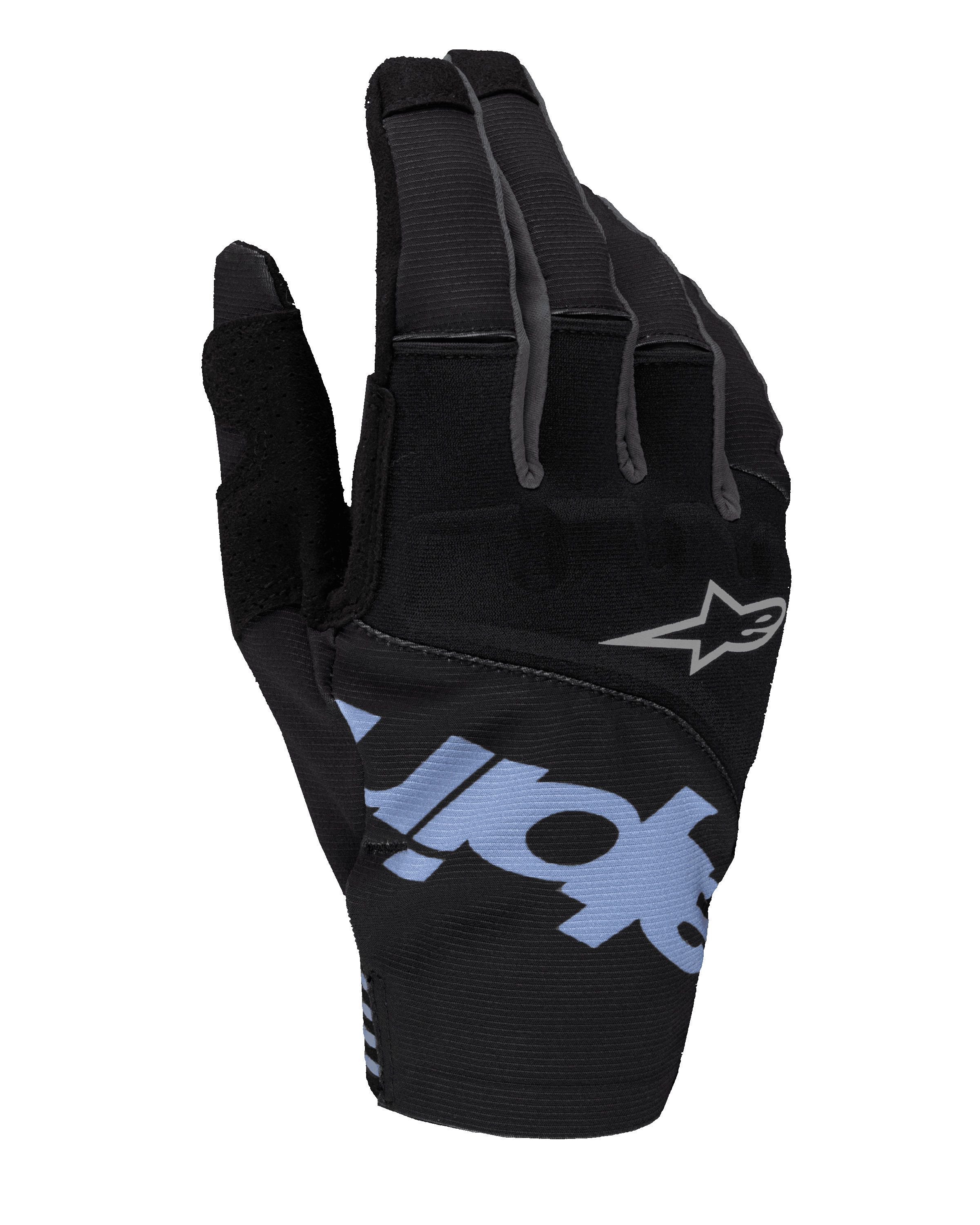 Alpinestars 2025 Techstar handschoenen, motorcross handschoenen, zwart met lichtblauwe en grijze accenten, met groot lichtblauw logo en klein grijs sterlogo, stretch ripstop en neopreen handrug voor off-road racen