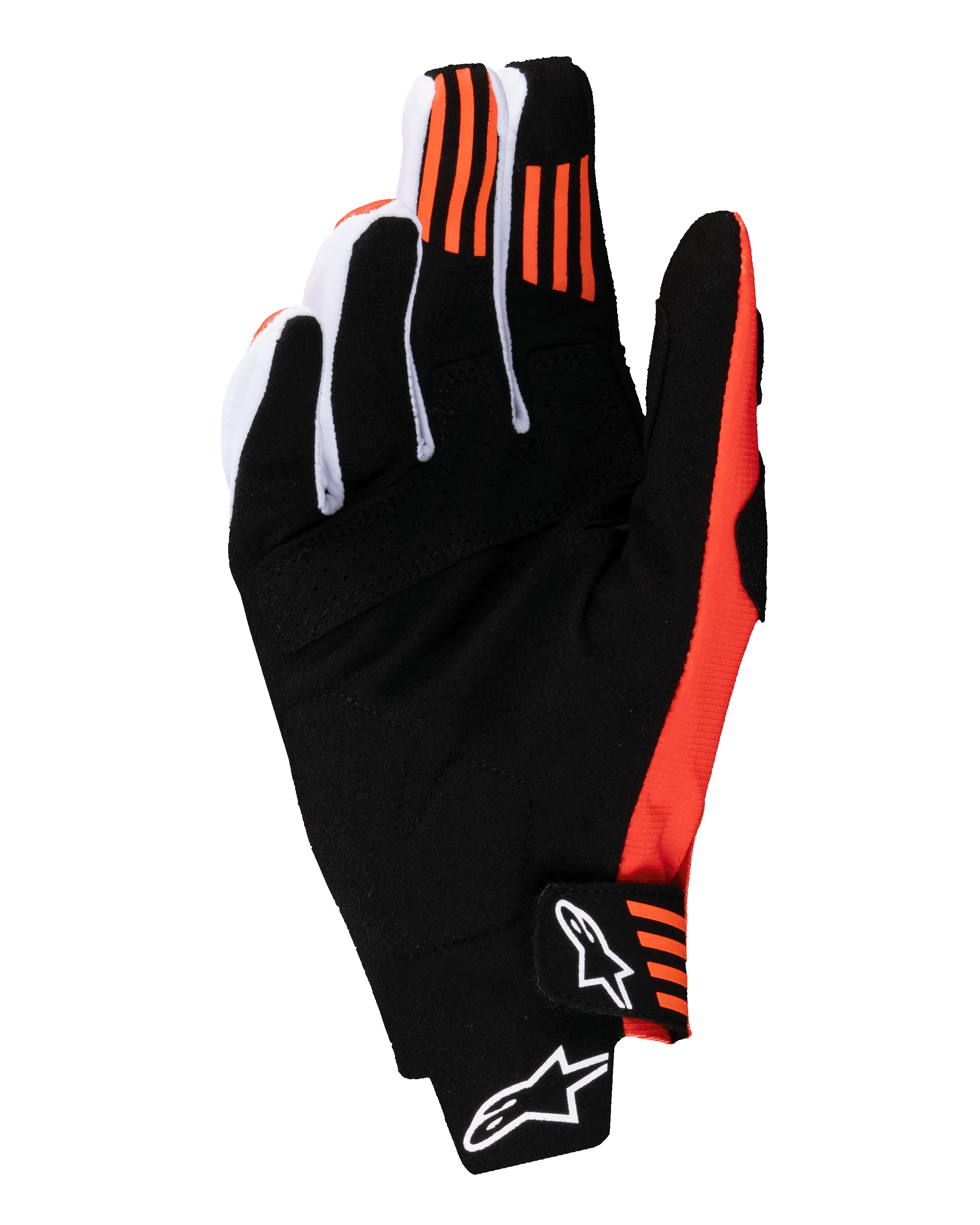 Alpinestars 2025 Techstar-handschoenen, motorcross handschoenen, zwart en feloranje, handpalm van synthetisch suède, oranje siliconen grip op de wijs- en middelvingertoppen, voorgevormde sluiting met wit Alpinestars-logo