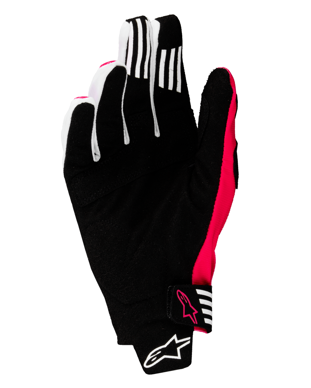 Alpinestars 2025 Techstar handschoenen, motorcross handschoenen, zwart en fluoriserend roze, palmweergave met versterkt synthetisch suède, witte gripstrepen op de vingers, fluoriserend roze accenten en logo's, naadloze polssluiting met Alpinestars-branding
