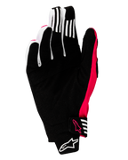 Alpinestars 2025 Techstar handschoenen, motorcross handschoenen, zwart en fluoriserend roze, palmweergave met versterkt synthetisch suède, witte gripstrepen op de vingers, fluoriserend roze accenten en logo's, naadloze polssluiting met Alpinestars-branding