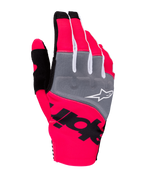 Alpinestars 2025 Techstar handschoenen, motorcross handschoenen, fluo roze, grijs en zwart, voorzien van grijze knokkelpanelen met wit logo, opvallende zwarte branding op neonroze stretchstof, lichtgewicht ontwerp met witte accenten voor off-road prestaties
