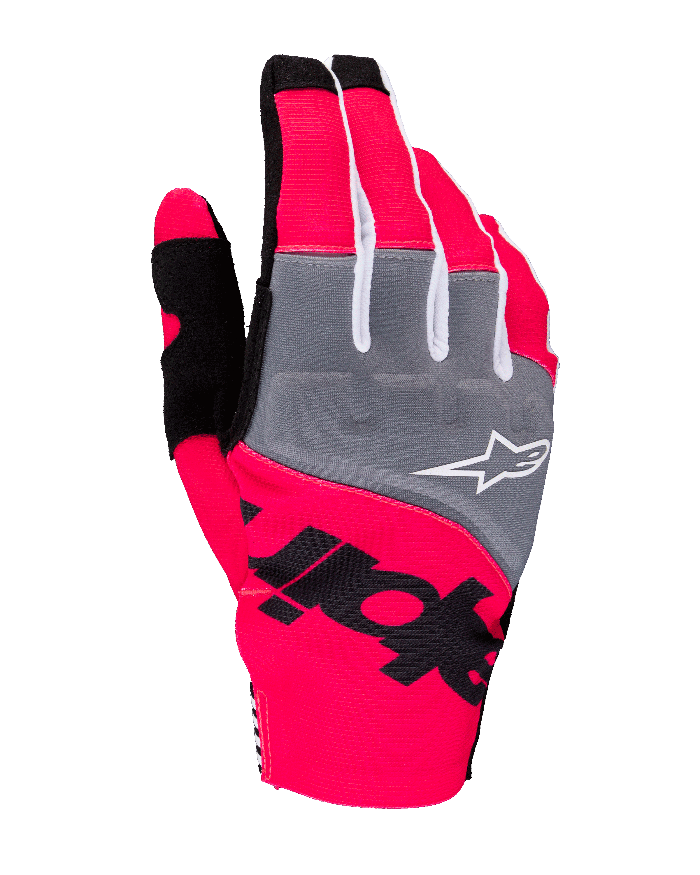 Alpinestars 2025 Techstar handschoenen, motorcross handschoenen, fluo roze, grijs en zwart, voorzien van grijze knokkelpanelen met wit logo, opvallende zwarte branding op neonroze stretchstof, lichtgewicht ontwerp met witte accenten voor off-road prestaties