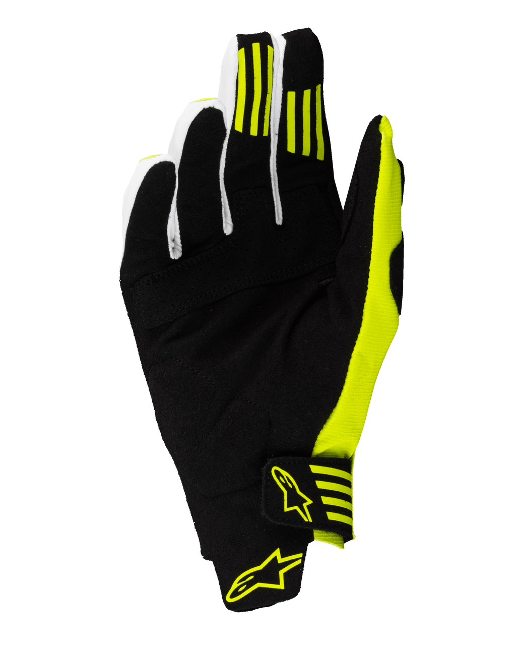 Alpinestars 2025 Techstar handschoenen, motorcross handschoenen, zwart en fluogeel, handpalmweergave met versterkt synthetisch suède, siliconen gripstrepen op de eerste en tweede vinger, en een stevige polssluiting met gele logo's.
