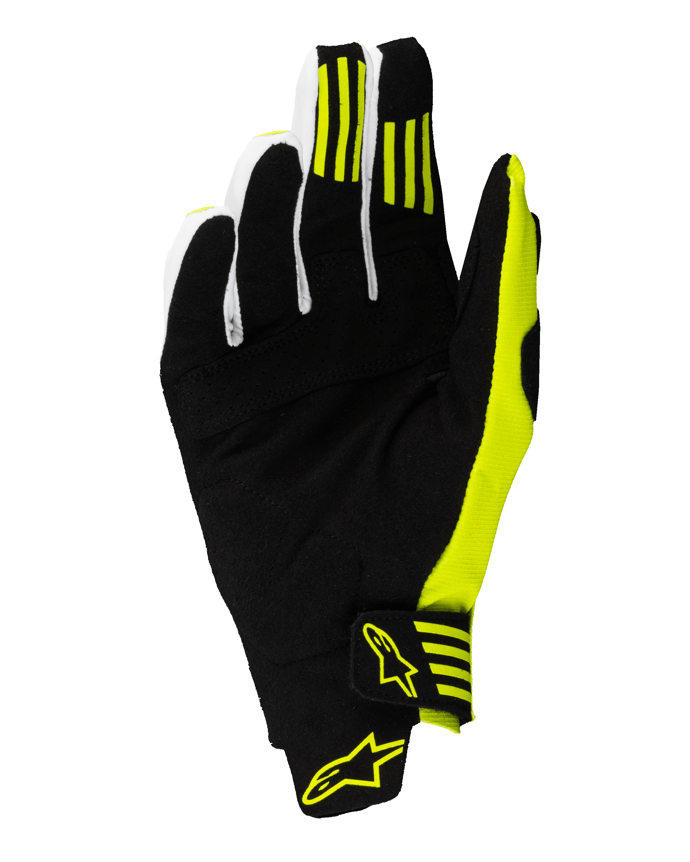 Alpinestars 2025 Techstar handschoenen, motorcross handschoenen, zwart en fluogeel, handpalmweergave met versterkt synthetisch suède, siliconen gripstrepen op de eerste en tweede vinger, en een stevige polssluiting met gele logo's.