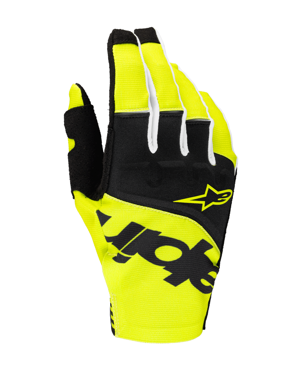 Alpinestars 2025 Techstar handschoenen, motorcross handschoenen, zwart en felgeel, met geel sterlogo en opvallende zwarte branding, textielconstructie met micro ripstop voor off-road prestaties