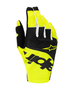 Alpinestars 2025 Techstar handschoenen, motorcross handschoenen, zwart en felgeel, met geel sterlogo en opvallende zwarte branding, textielconstructie met micro ripstop voor off-road prestaties