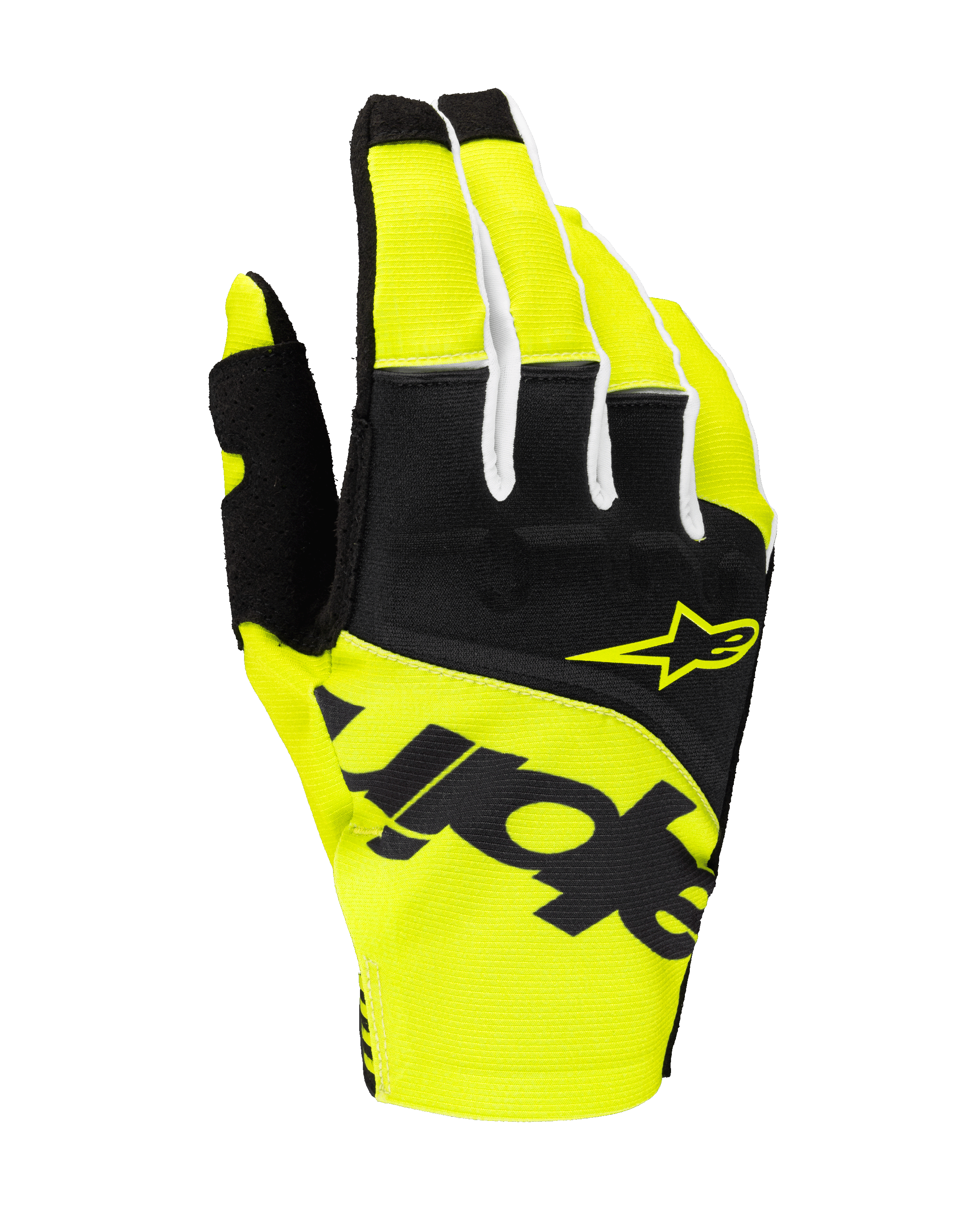 Alpinestars 2025 Techstar handschoenen, motorcross handschoenen, zwart en felgeel, met geel sterlogo en opvallende zwarte branding, textielconstructie met micro ripstop voor off-road prestaties