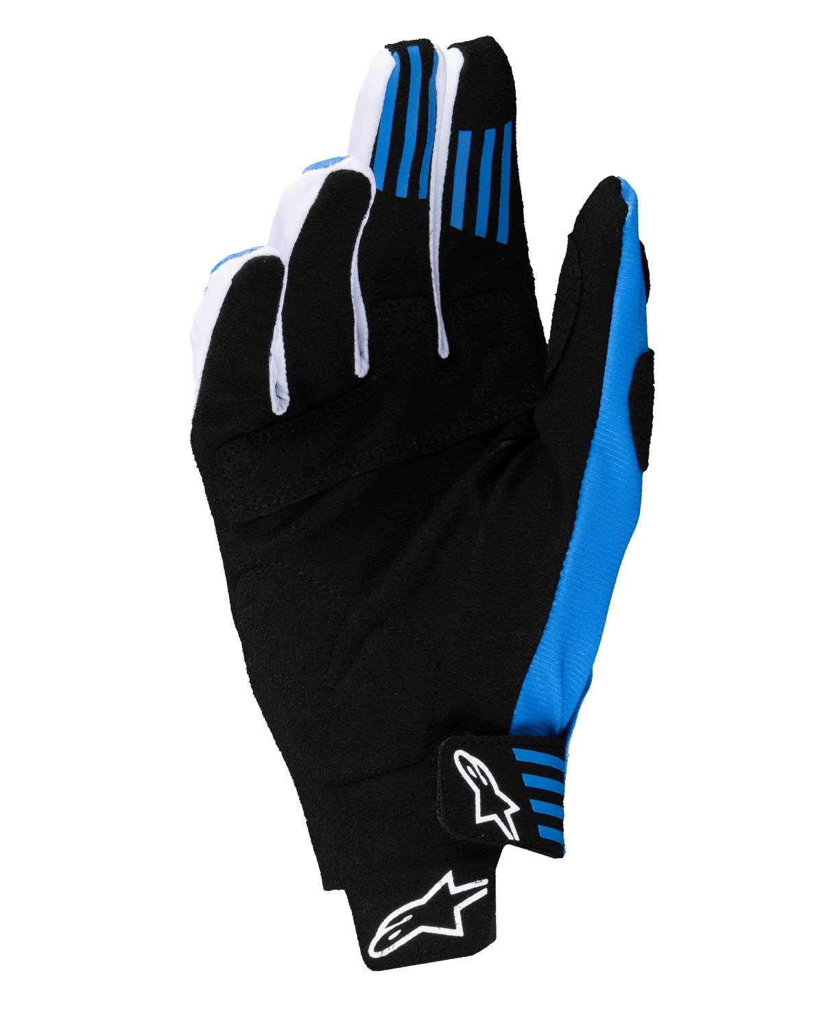 Alpinestars 2025 Techstar handschoenen, motorcross handschoenen, zwart en blauw, zicht op de handpalm met versterkte constructie van synthetisch suède, blauwe siliconen vingergrips en naadloze polssluiting met witte Astars-logo's.