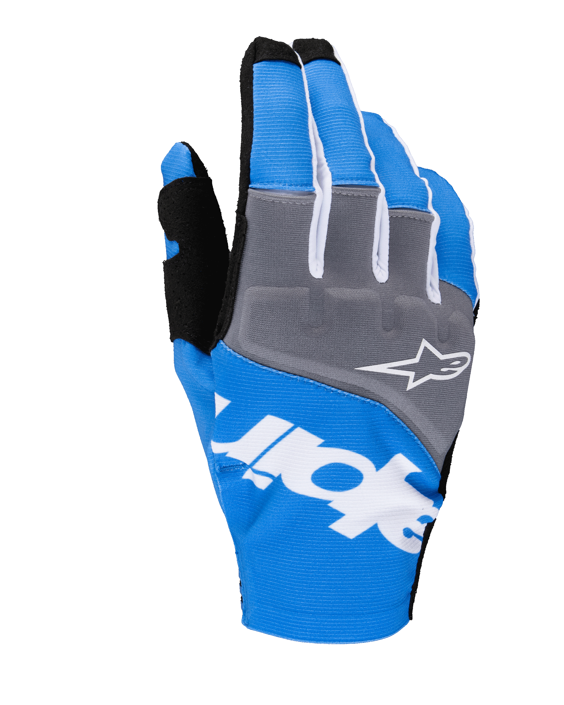 Alpinestars 2025 Techstar handschoenen, motorcross handschoenen, blauw en grijs met witte en zwarte accenten, voorzien van een wit sterlogo op het knokkelpaneel, opvallende witte branding over de bovenhand en een geribbelde textielconstructie voor off-road racen.