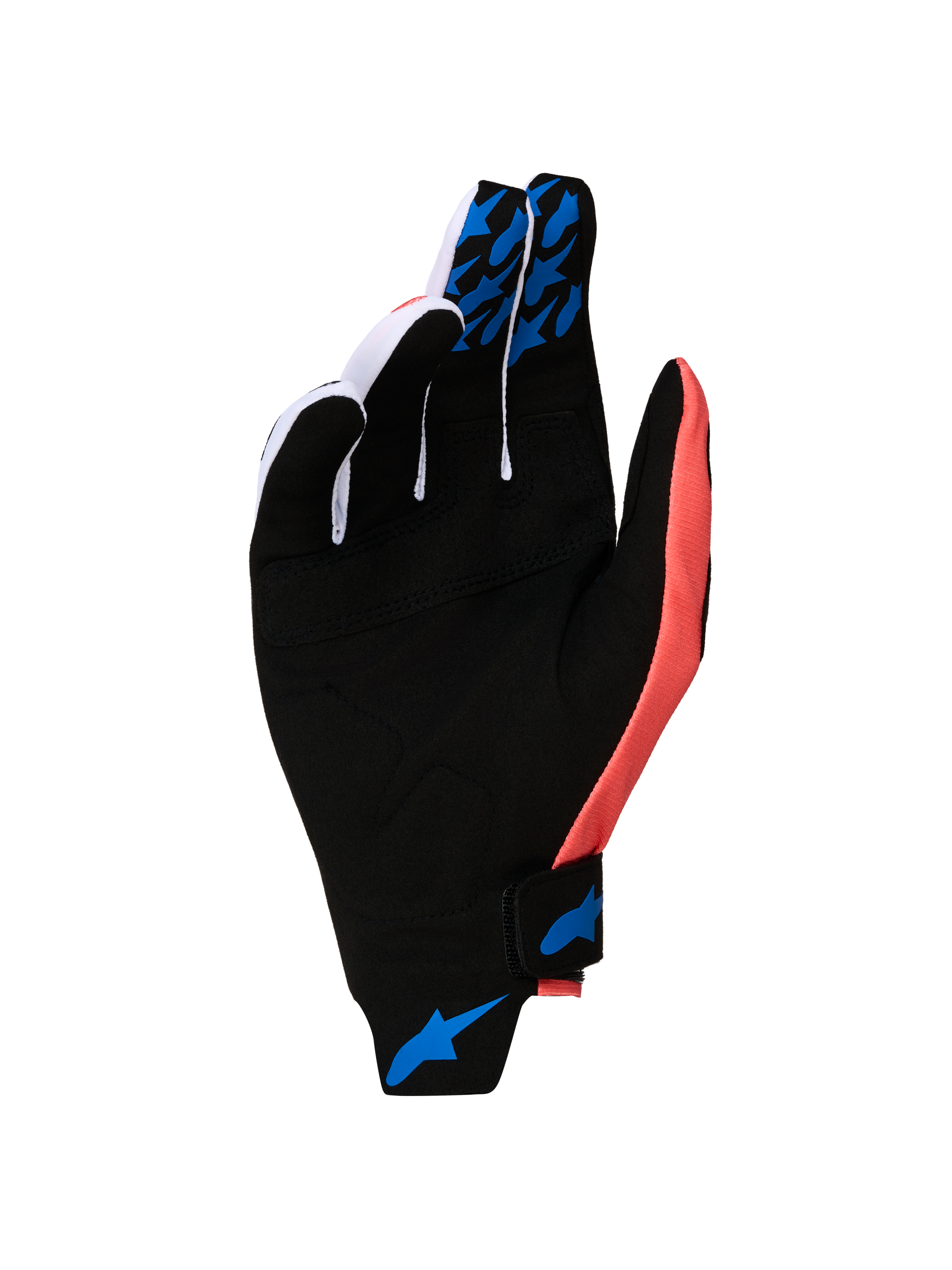 Alpinestars Techstar Gloves 2027, Motocross Gloves in Black and Pink with Blue silicone grips and synthetic suede palm.
