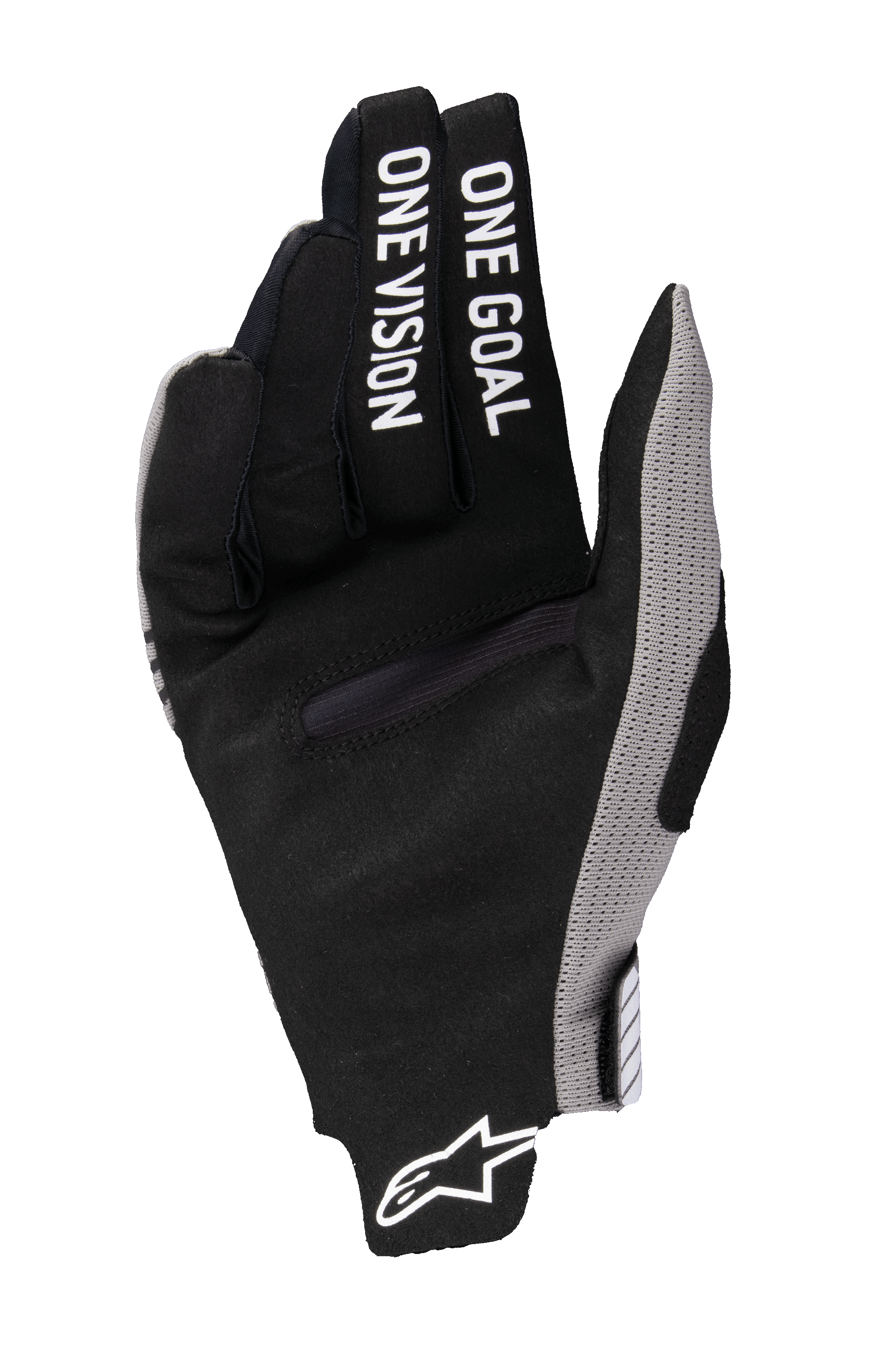 Alpinestars 2025 Radar Pro handschoenen, motorcross handschoenen, zwart met grijze accenten, zicht op de handpalm met 'ONE GOAL ONE VISION' op de vingers gedrukt, synthetisch suède materiaal, minimalistisch ontwerp voor off-road prestaties