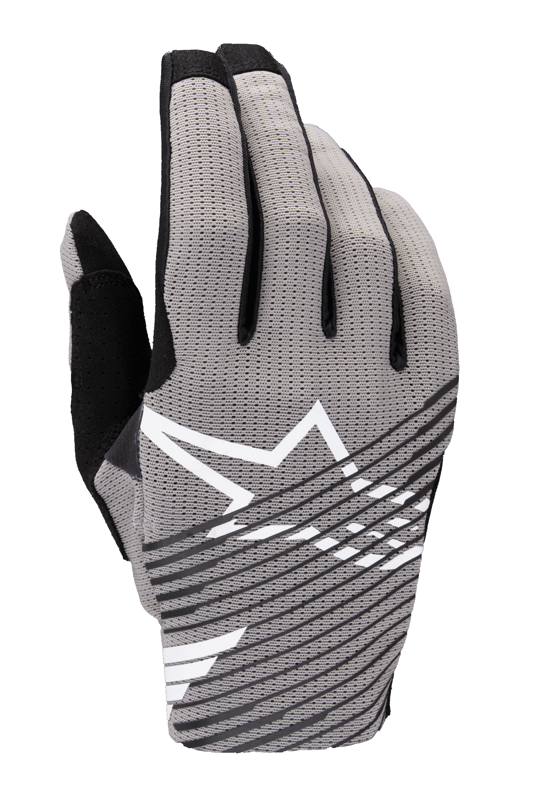 Alpinestars 2025 Radar Pro handschoenen, motorcross handschoenen, grijs met zwarte en witte accenten, voorzien van een ademende 4-way stretch mesh handrug, wit sterlogo, zwart diagonaal gestreept ontwerp, minimalistische performance racing-stijl