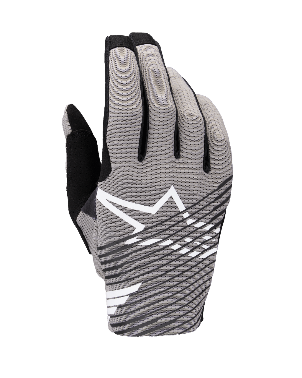 Alpinestars 2025 Radar Pro handschoenen, motorcross handschoenen, grijs en zwart, bovenaanzicht met ademend 4-way stretch mesh, wit sterlogo met zwarte diagonale strepen, ontworpen voor prestaties en luchtstroom