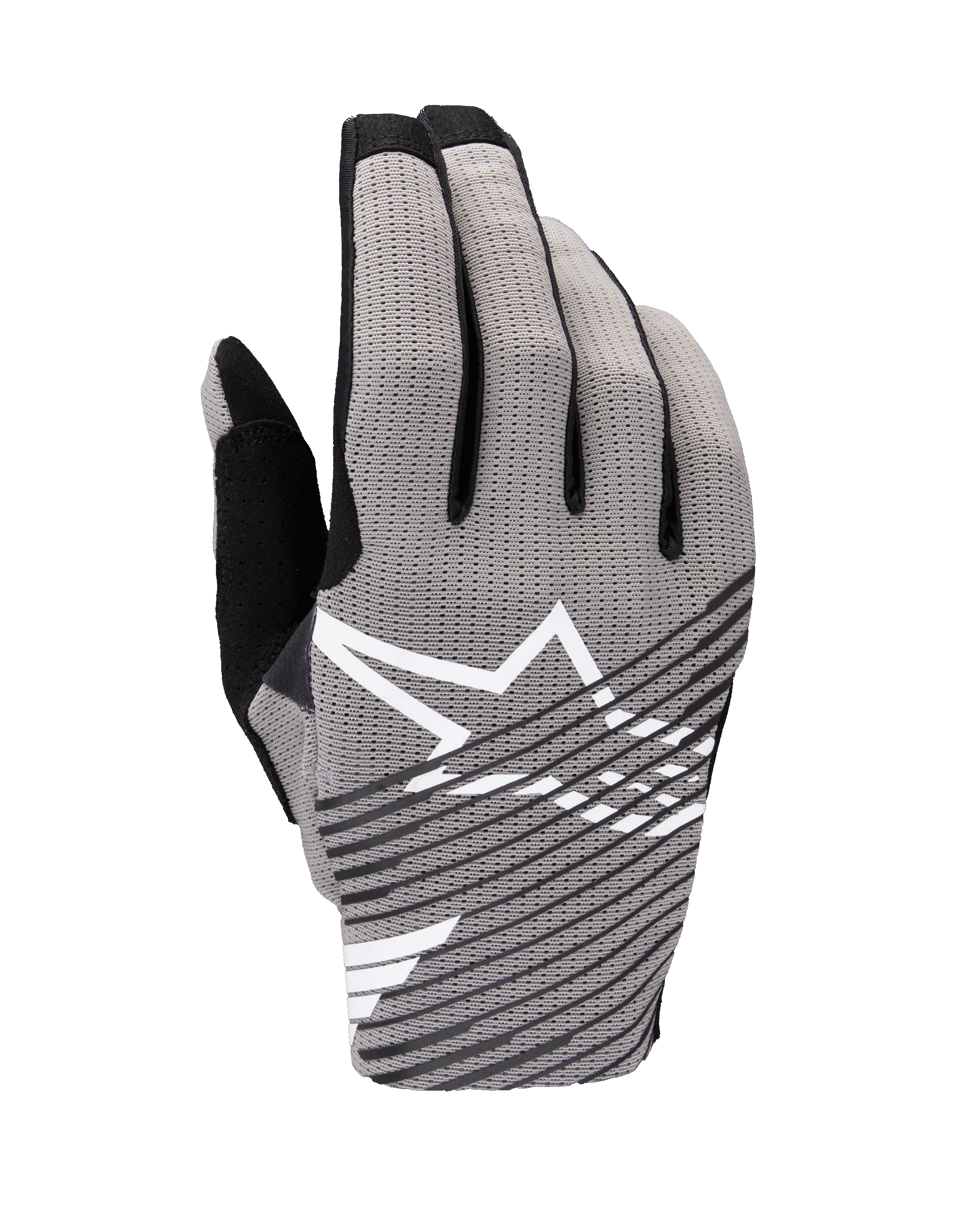 Alpinestars 2025 Radar Pro handschoenen, motorcross handschoenen, grijs en zwart, bovenaanzicht met ademend 4-way stretch mesh, wit sterlogo met zwarte diagonale strepen, ontworpen voor prestaties en luchtstroom