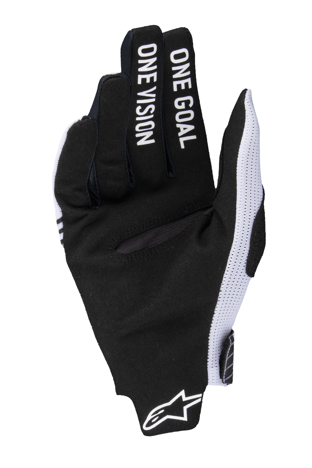Alpinestars 2025 Radar Pro handschoenen, motorcross handschoenen, wit en zwart, palmaanzicht met zwart synthetisch suède, 'ONE GOAL ONE VISION' tekst op de vingers, witte mesh zijpanelen en Alpinestars-logo op de pols.