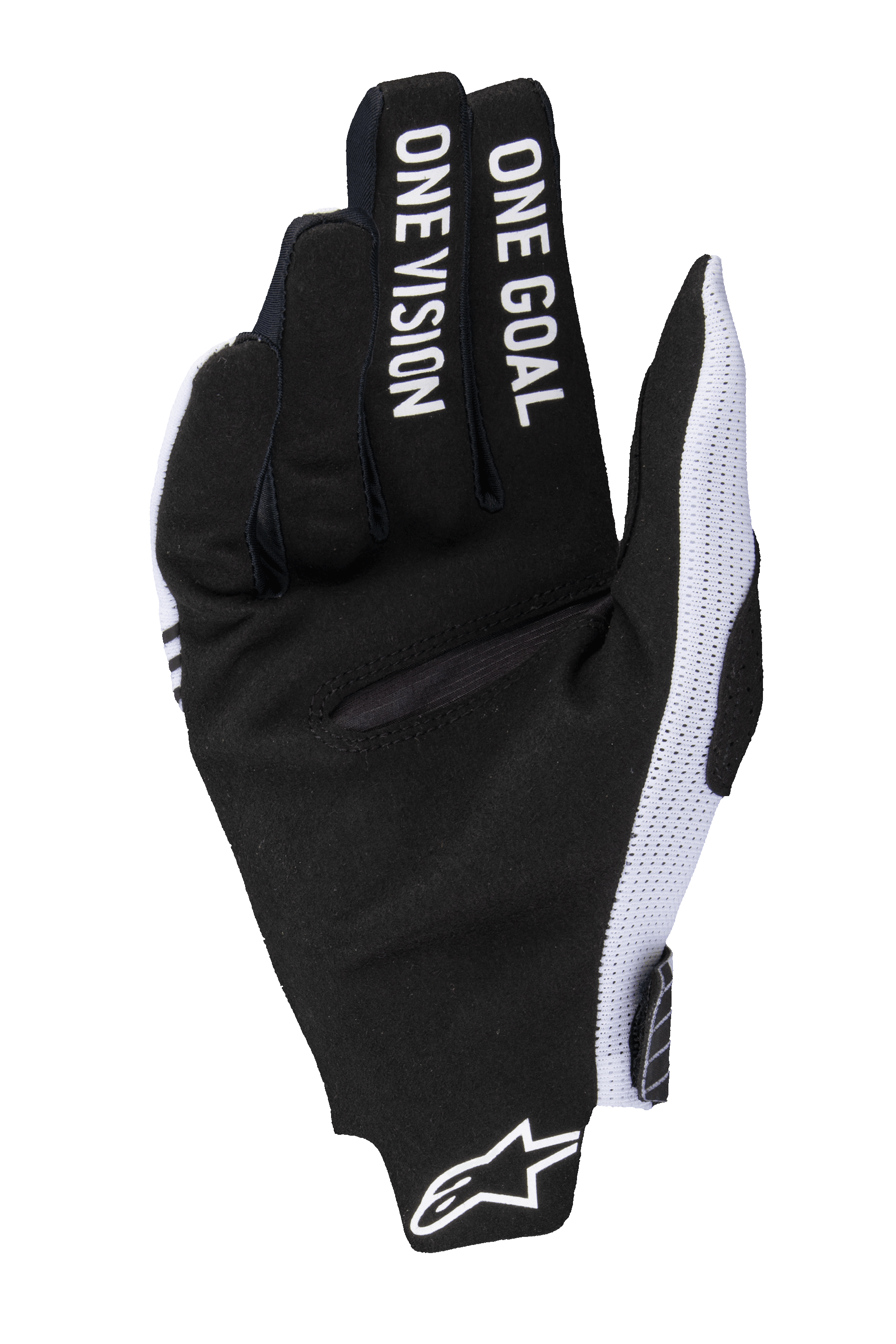 Alpinestars 2025 Radar Pro handschoenen, motorcross handschoenen, wit en zwart, palmaanzicht met zwart synthetisch suède, 'ONE GOAL ONE VISION' tekst op de vingers, witte mesh zijpanelen en Alpinestars-logo op de pols.