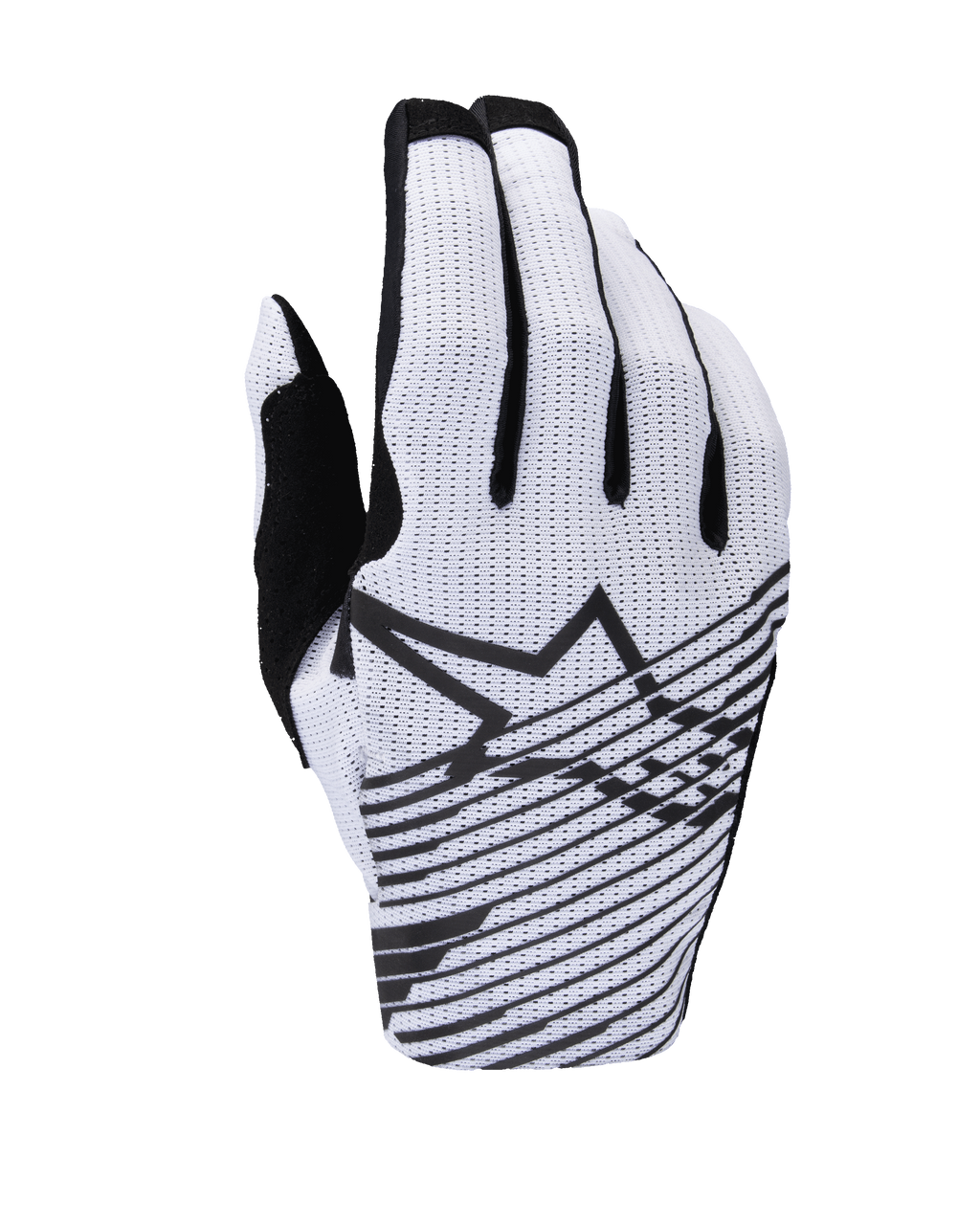 Alpinestars 2025 Radar Pro handschoenen, motorcross handschoenen, wit en zwart, rugzijde met geperforeerde mesh-constructie, zwart Alpinestars-sterlogo met horizontale grafische lijnen en zwarte vingeraccenten