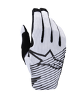 Alpinestars 2025 Radar Pro handschoenen, motorcross handschoenen, wit en zwart, rugzijde met geperforeerde mesh-constructie, zwart Alpinestars-sterlogo met horizontale grafische lijnen en zwarte vingeraccenten