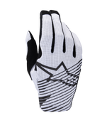 Alpinestars 2025 Radar Pro handschoenen, motorcross handschoenen, wit en zwart, rugzijde met geperforeerde mesh-constructie, zwart Alpinestars-sterlogo met horizontale grafische lijnen en zwarte vingeraccenten
