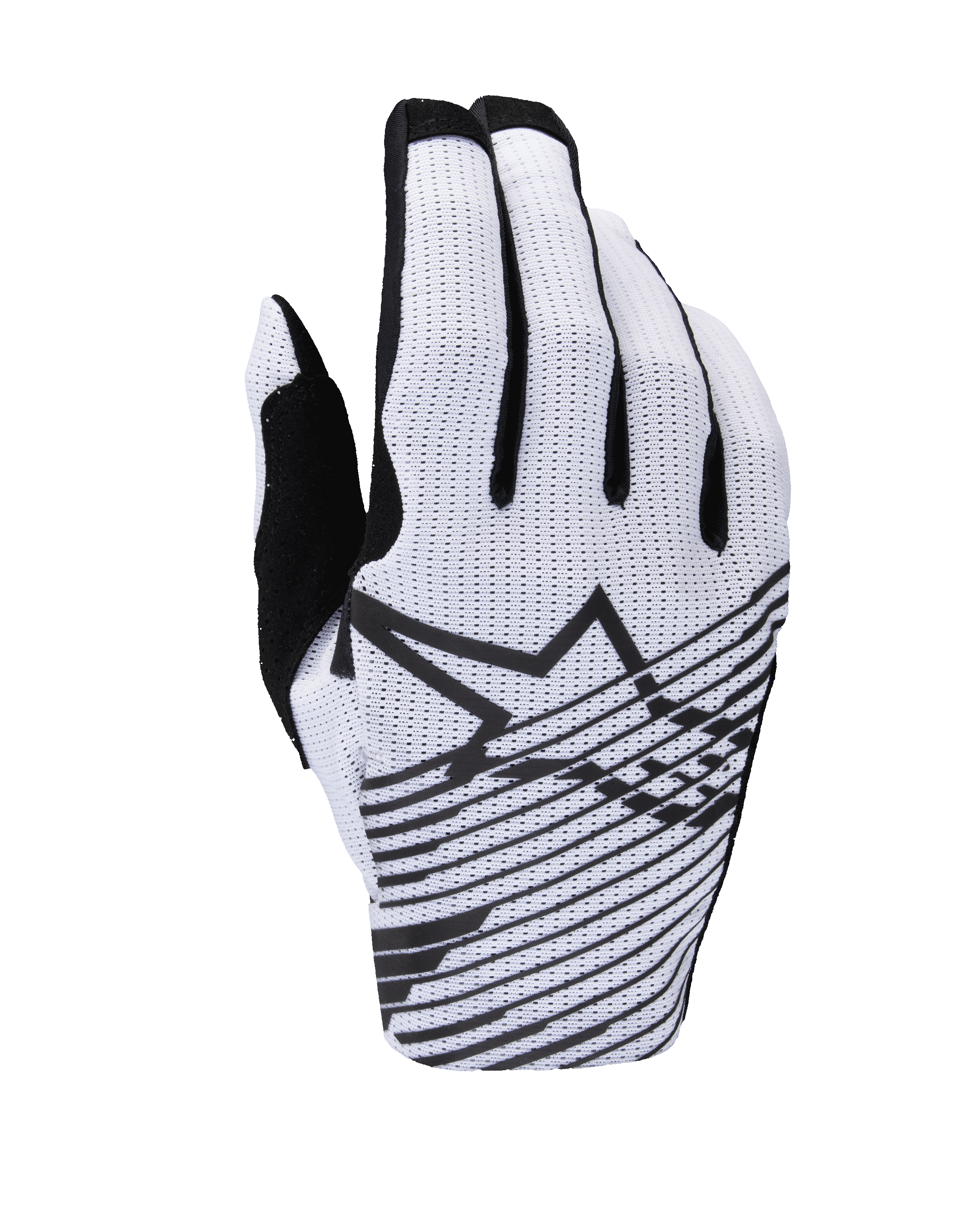 Alpinestars 2025 Radar Pro handschoenen, motorcross handschoenen, wit en zwart, rugzijde met geperforeerde mesh-constructie, zwart Alpinestars-sterlogo met horizontale grafische lijnen en zwarte vingeraccenten