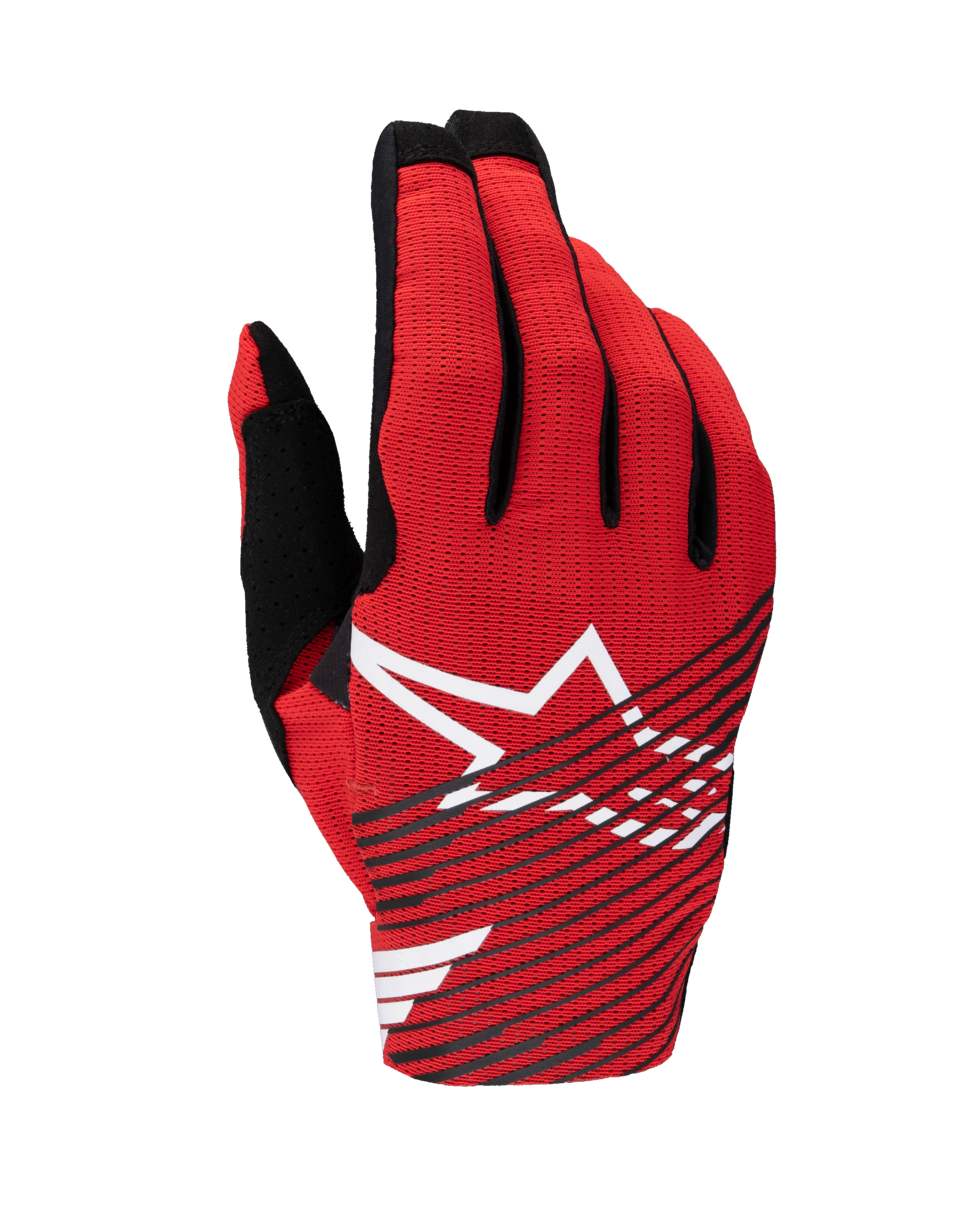 Alpinestars 2025 Radar Pro handschoenen, motorcross handschoenen, felrood met zwart en wit, met een groot wit sterlogo met zwarte diagonale strepen op een ademende mesh-bovenzijde, lichtgewicht performance uitrusting voor off-road racing