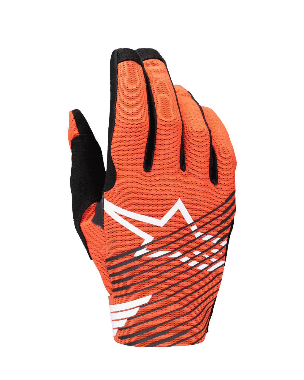 Alpinestars 2025 Radar Pro handschoenen, motorcross handschoenen, feloranje en zwart, met een groot wit sterlogo en zwarte diagonale strepen op een geperforeerde mesh handrug, ontworpen voor lichtgewicht prestaties en luchtstroom