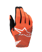 Alpinestars 2025 Radar Pro handschoenen, motorcross handschoenen, feloranje en zwart, met een groot wit sterlogo en zwarte diagonale strepen op een geperforeerde mesh handrug, ontworpen voor lichtgewicht prestaties en luchtstroom